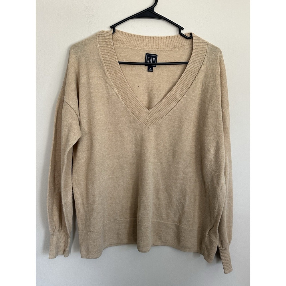 GAP Sweater MEDIUM Women Beige Deep V-Neck Linen Blend Capsule Wardrobe